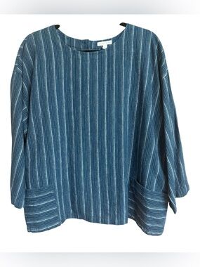 Eileen Fisher Hemp/Organic Cotton Navy Blue Pinstripe Top Lagenlook Womens Large